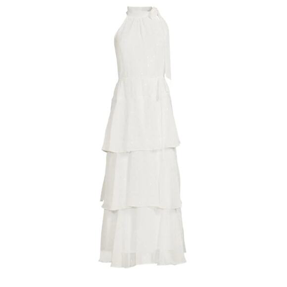 Julia Jordan Tiered A Line Maxi Dress 8 NWOT White Chiffon Dot Bridal Grad Glam - Picture 2 of 10